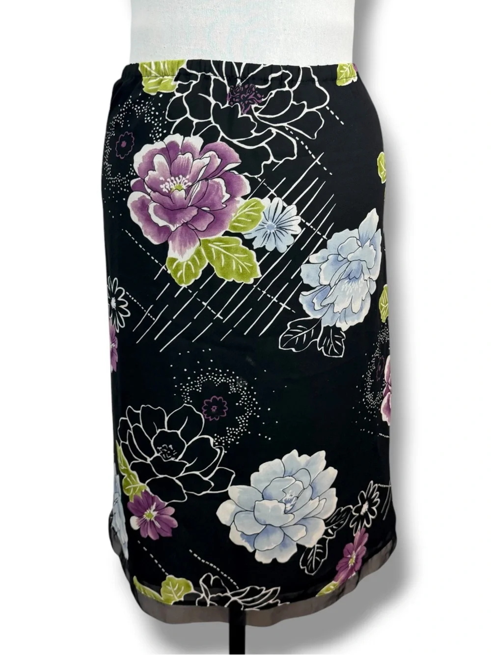 Y2K George Black Floral Midi Pencil Skirt Medium Pull On Cottagecore Modest
